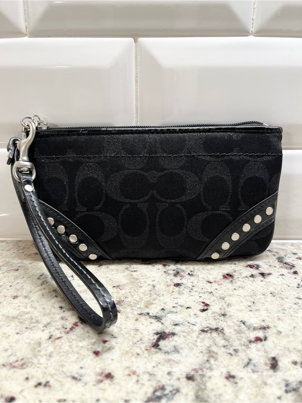 Coach Signature Wristlet with Metallic Sheen & Stud Accents EUC
